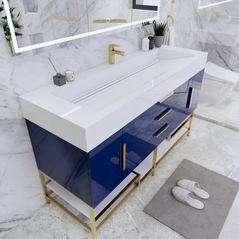 Glasgow 59'' Single Bathroom Vanity with Acrylic Top, High Gloss Night Blue