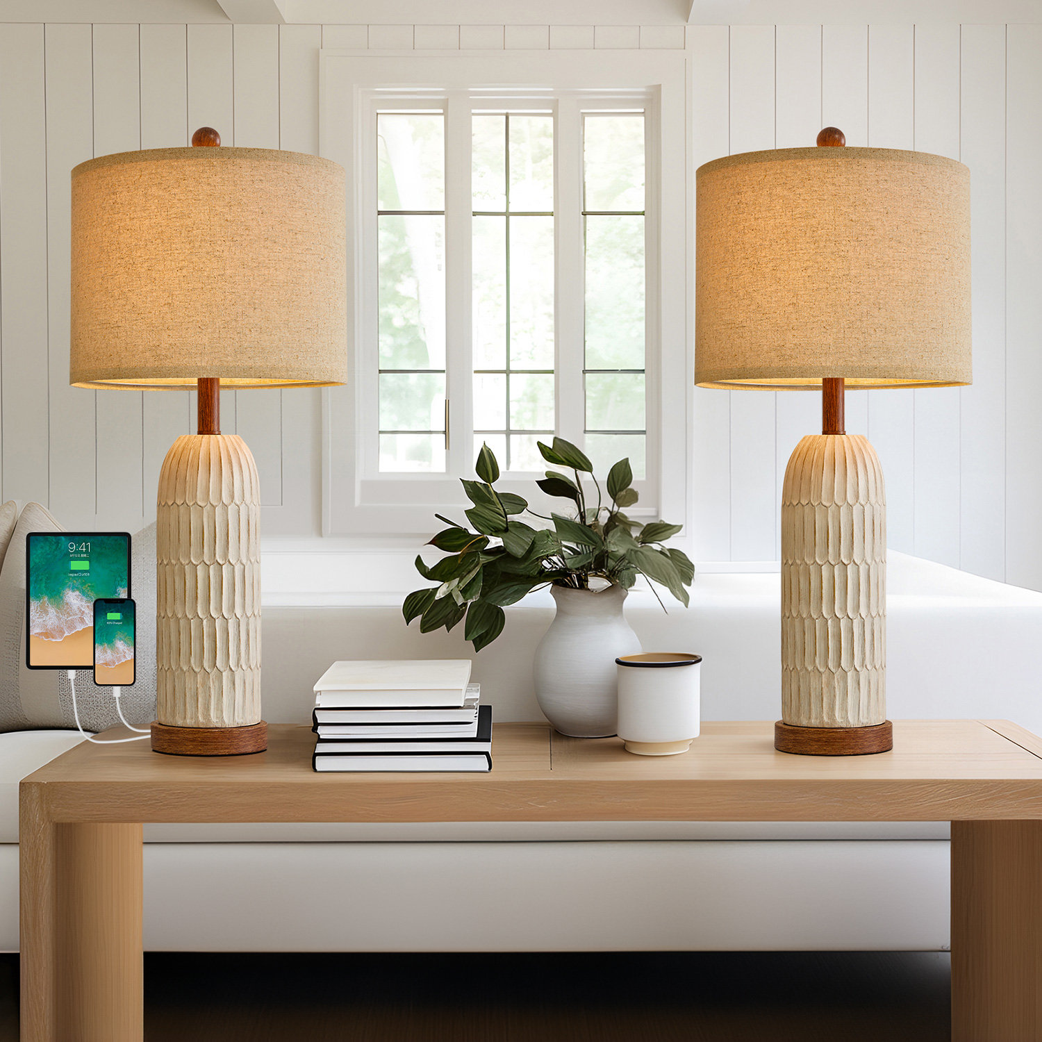 Wrought Studio™ 26.5"resin Farmhouse Table Lamp Set,usb Port,living Room,bedroom,office,study,traditional Lamp | Wayfair