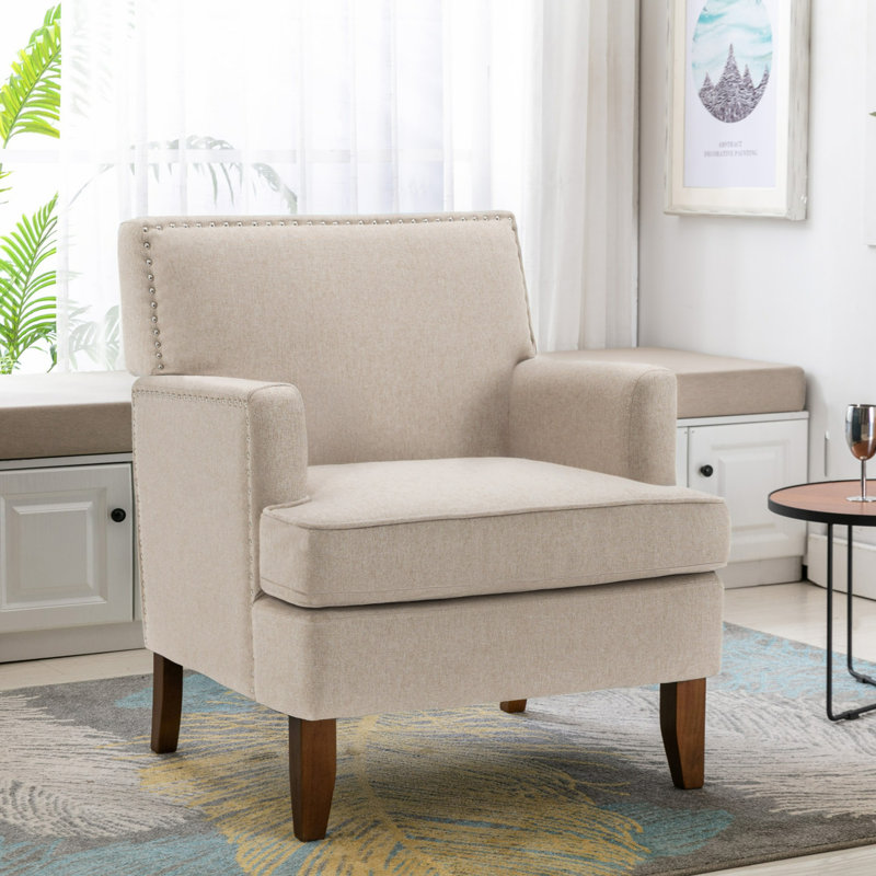 Yalonda Fabric Upholstered Accent Chair with Rubberwood Legs, Beige Polyester Blend