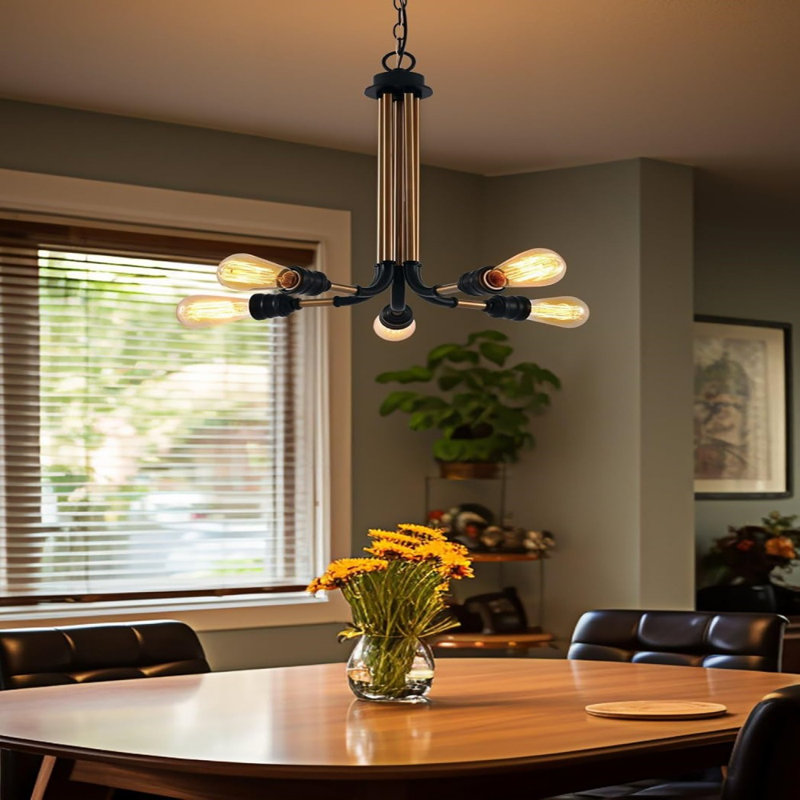 21" 5-Light Retro Industrial Chandelier, Steampunk Gold Bronze Hanging Light, Black Accents + Warm Brass Finish