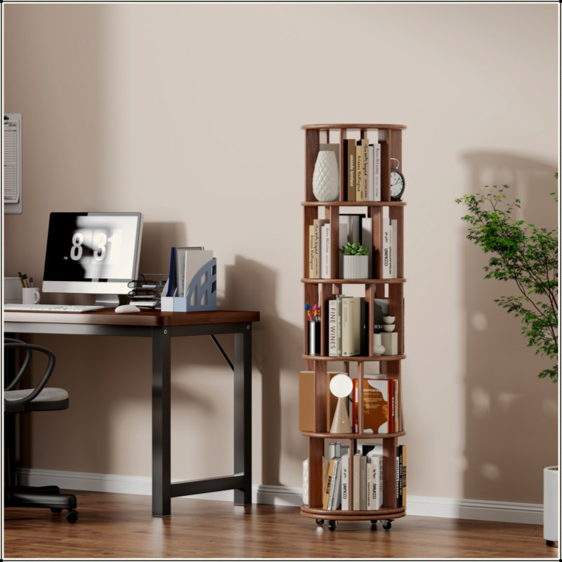 100% Solid Wood 360° Rotating Bookshelf, 5-Tier Round Revolving Book Tower with Wheels, Narrow Rolling Shelf for Small Space, Corner, Bedroom & Office