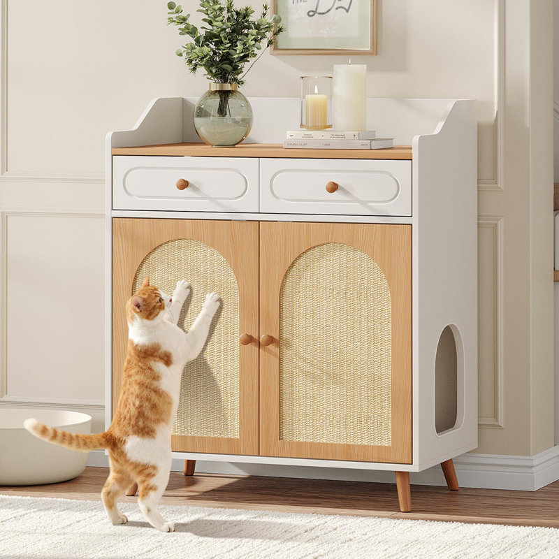 Meuble de litière pour chat avec portes à griffer en rotin double, Jaune