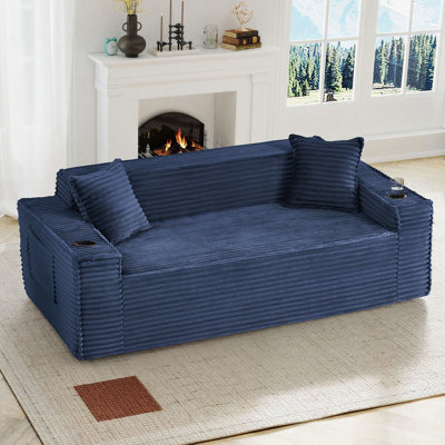 80'' W Compression Bean Bag Sofa Faux Fur Upholstered Couch Floor Sofa With Pillows&Cup Holders&Side Pocket