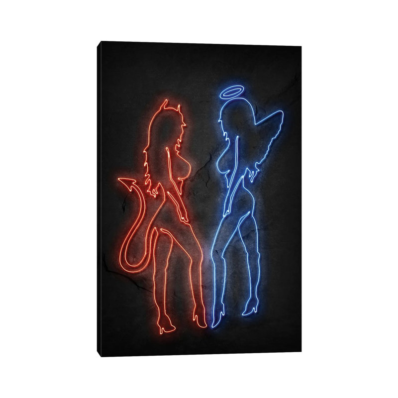 Devil And Angel Neon by Durro Art - Wrapped Canvas Painting, 20.32 cm H x 30.48 cm W