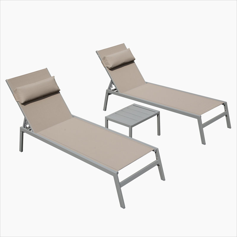 Ensemble de 3 chaises longues de patio, chaises de piscine en aluminium avec table d'appoint, fauteuil inclinable réglable pour un confort extérieur toutes saisons