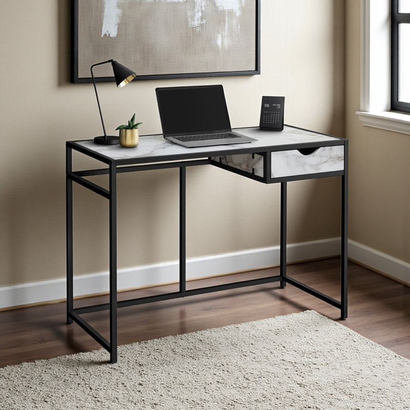 Geneva 1-Drawer White Finish Computer Desk With Black Metal Leg , 29.76" H X 42" W X 19.83" D