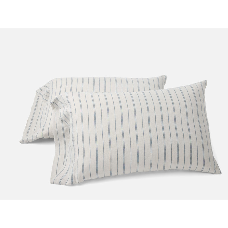Organic Relaxed Linen Pillowcase, Standard/Queen Pillowcase, Fog Chambray Indigo Stripe