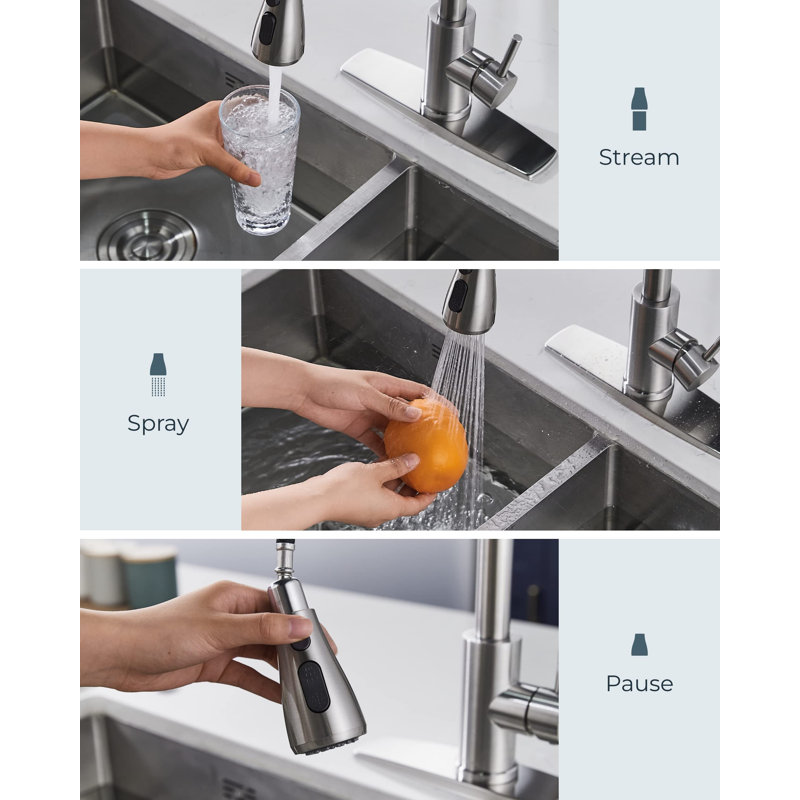 Brushed Nickel Stainless Steel Kitchen Faucet with Pull-Out Spray