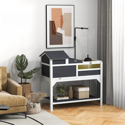 Habitat tortue avec support de lampe réglable, enceinte à 2 couches avec tablette de rangement, maison principale amovible, plateau fixe, couvercle ouvrable, gris