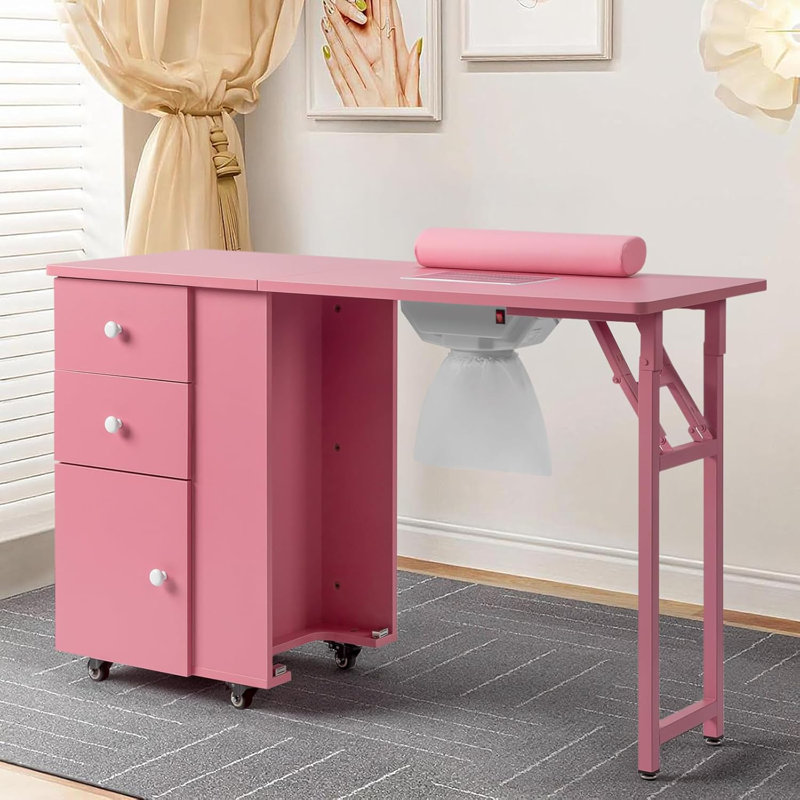 Table de manucure pliable pour Nail Tech avec collecteur de poussière électrique , Rose
