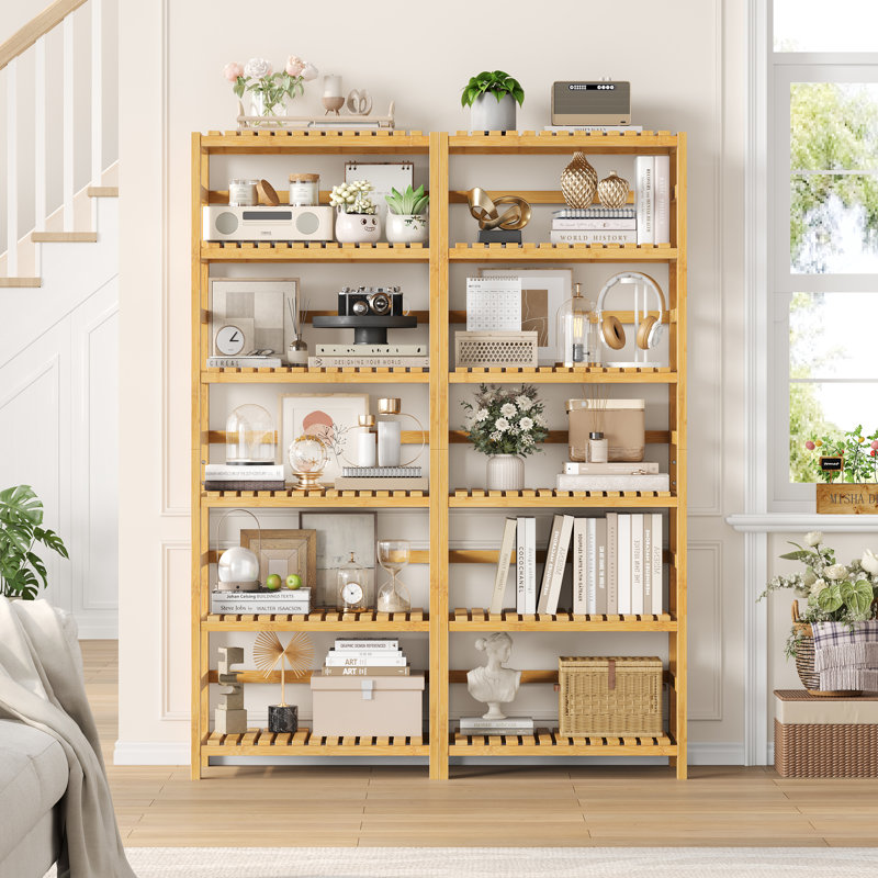 📦【2 Set】Solid Bamboo Bookcase Set | Adjustable 6-Tier DIY Shelves, Heavy-Duty Storage For Living Room, Kitchen, Office & Bathroom