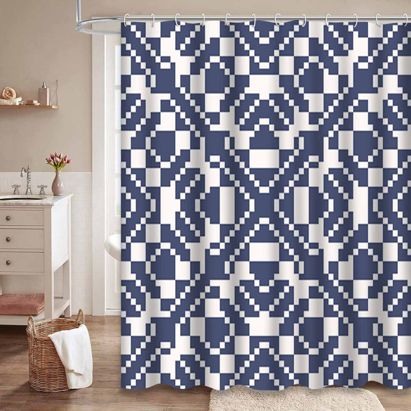 Rideau de douche géométrique à ornements traditionnels de couleur marine avec 12 crochets, L 72 po x l 78 po