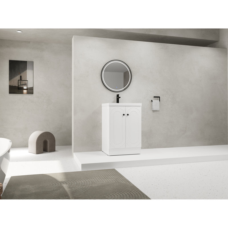 Armoire de salle de bain autoportante 24 po avec lavabo en résine blanche, portes à fermeture douce et poignées en métal - style évier garde-robe moderne