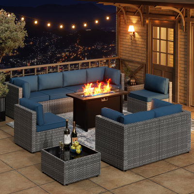  11-Piece Outdoor Furniture Seating Group with Fire Pit Table