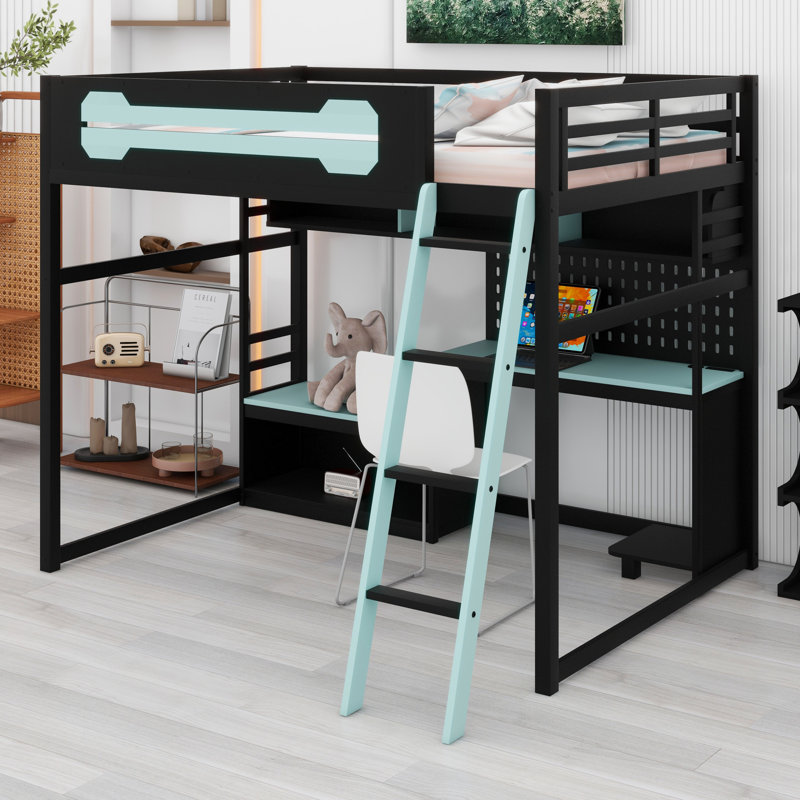 Lit mezzanine en bois avec bureau, tablettes, lumières DEL, ports USB et panneau perforé, Noir / Bleu