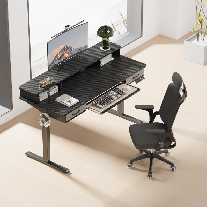 55" Inches Electric Standing Desk with Keyboard Tray, Height Adjustable Stand up Desk with 2 Drawers, Ergonomic Sit to Stand Desk with Storage Monitor Stand, Computer Table, Black