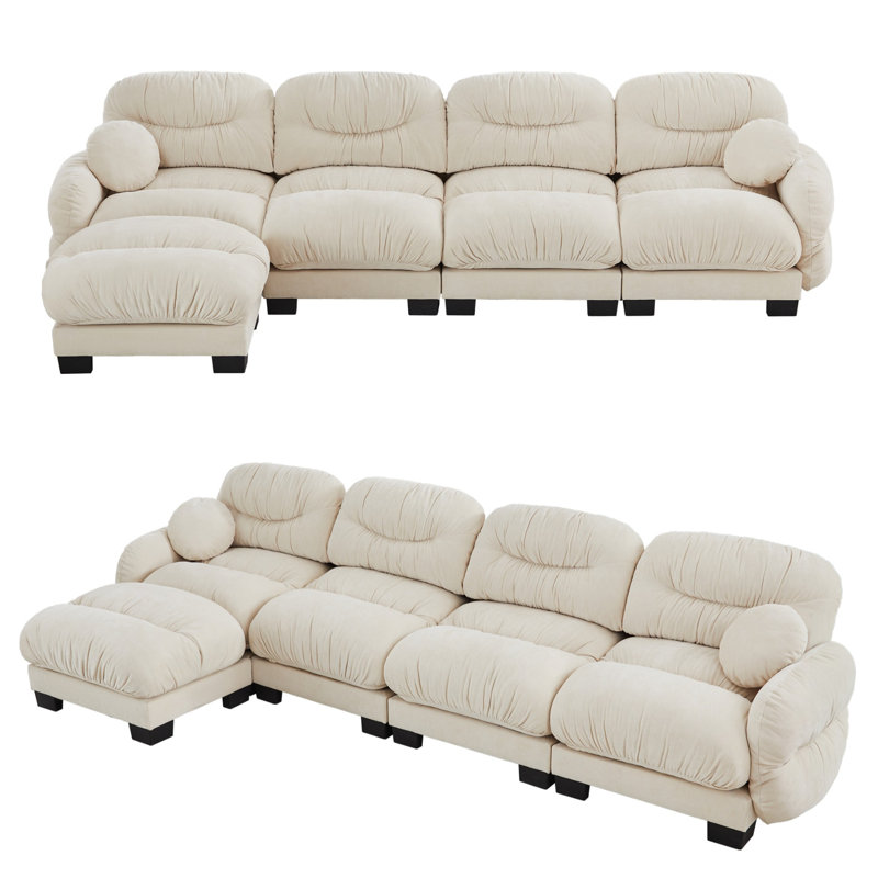 Pleated Chenille Fabric L-Shaped Modular Sectional Sofa with Ottoman, 4-Seater Couch with High-Density Ergonomic Foam, Curved Round Armrests and 2 Round Throw Pillows