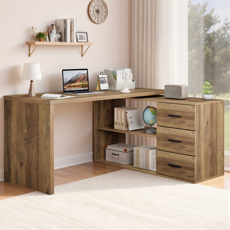 360° Rotating L Shaped Computer Desk With 3 Drawers And 2 Shelves, Home Office Swivel Desk For Work, Reversible Wood Corner Desk With Storage Cabinet, 55 Inch