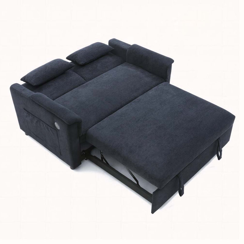 55" Velvet Two Seater Pull Out Sofa Bed, Adjustable Backrest With USB Ports, Two Side Pockets, Black