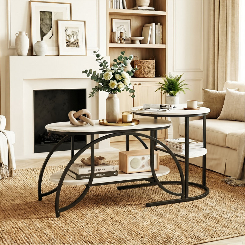 Oval & Round Nesting Coffee Tables (80+52Cm), High-Low Marble Effect Duo With 4-Tier Storage, Black