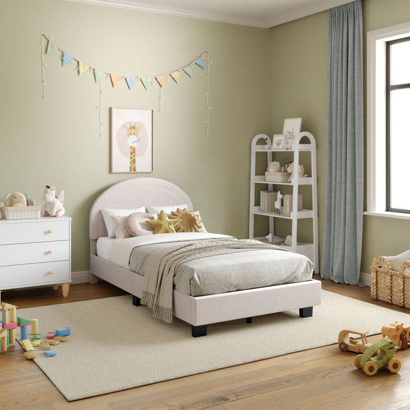 Aurey Upholstered Platform Bed Frame - Curved Stitched Headboard And Slat Foundation, Twin, White