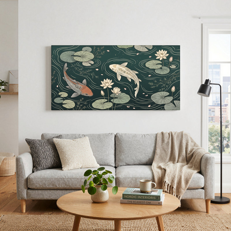 Ensemble de 1 tableau sur toile représentant des poissons koi, L 32 po x H 16 po, Toile tendue