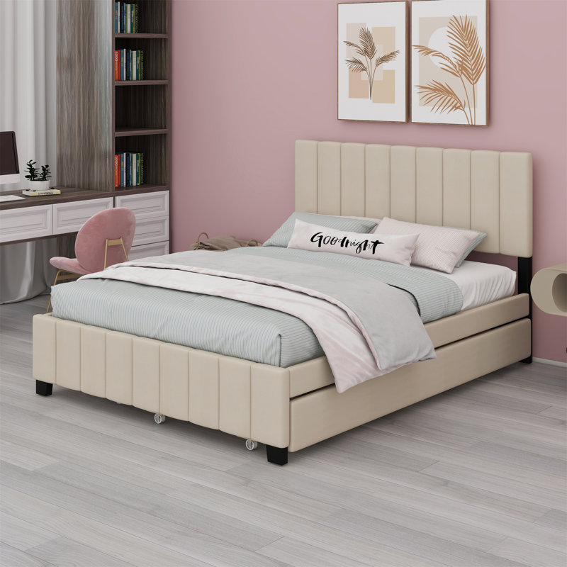 Upholstered Platform Bed With 2 Drawers And Trundle, Beige