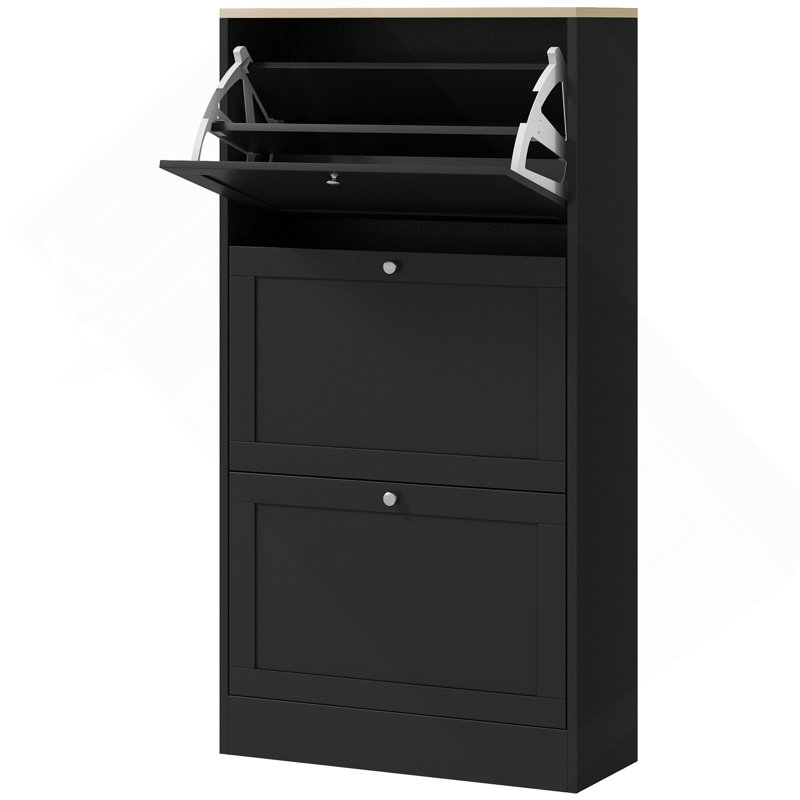 Armoire de rangement étroite pour chaussures pour le vestibule avec 3 tiroirs rabattables et tablettes réglables, range-chaussures pour 18 paires de chaussures, noir