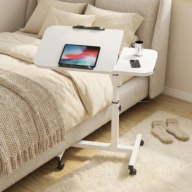 Adjustable Tilt Overbed Bedside Table with Wheels, Mobile Laptop Standing Desk Portable Rolling Computer Cart Movable End Table Sofa Side Table for Home Hospital Use