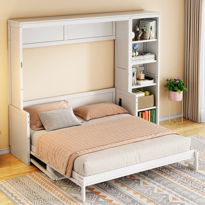 Grand lit escamotable avec bureau et bibliothèque, Blanc, Grand lit