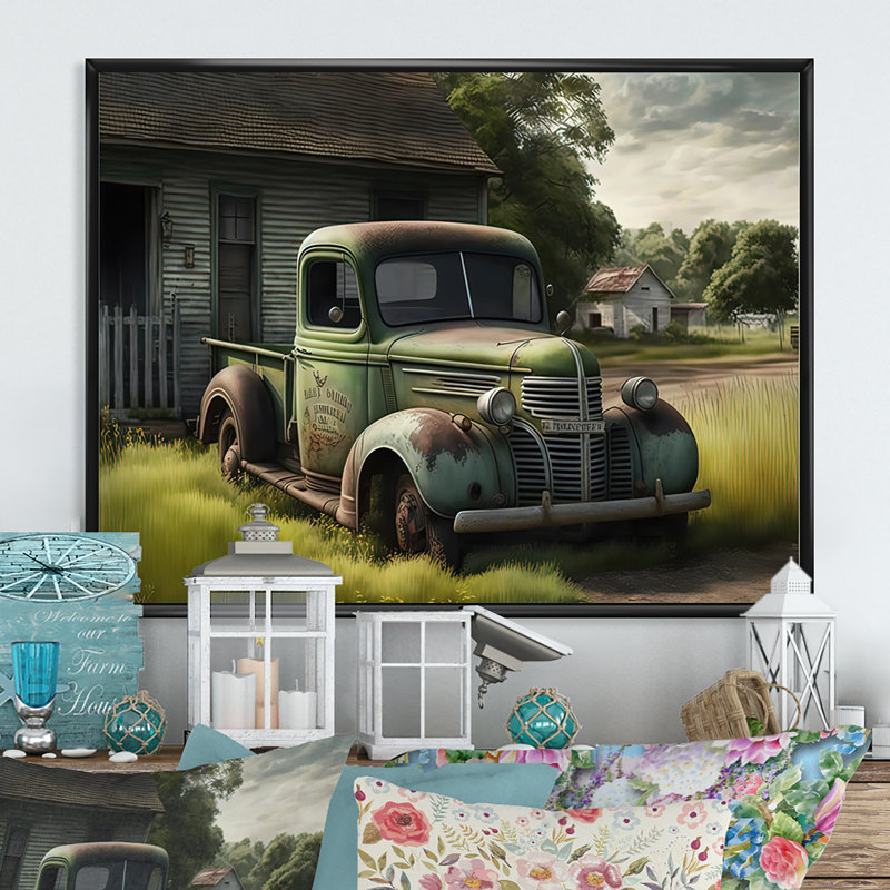 Vert vieux camion à la grange - peinture sur toile, Toile avec cadre flottant noir, H 24 po x l 32 po x P 1 po