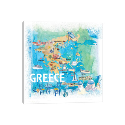 Greece Illustrated Travel Map With Landmarks And Highlights by Markus & Martina Bleichner - Wrapped Canvas Gallery-Wrapped Canvas Giclée