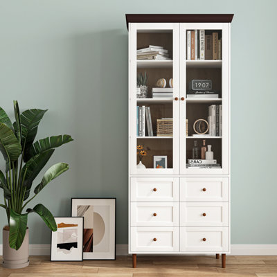 Présentoir de rangement, armoire autoportante avec tablettes réglables et portes en verre