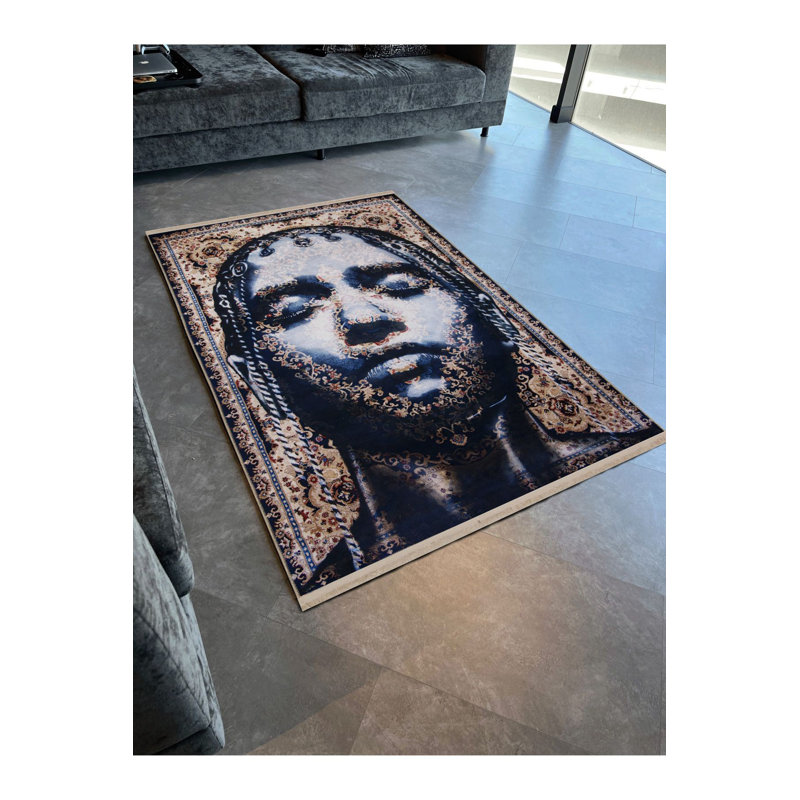 Tapis décoratif vintage bleu à motif abstrait et lavable à la machine, Sous-tapis rectangulaire 2 pi 6 po x 4 pi 11 po