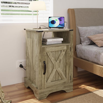 Bradford Farmhouse Nightstand Side Table with Electrical Outlets Charging Station