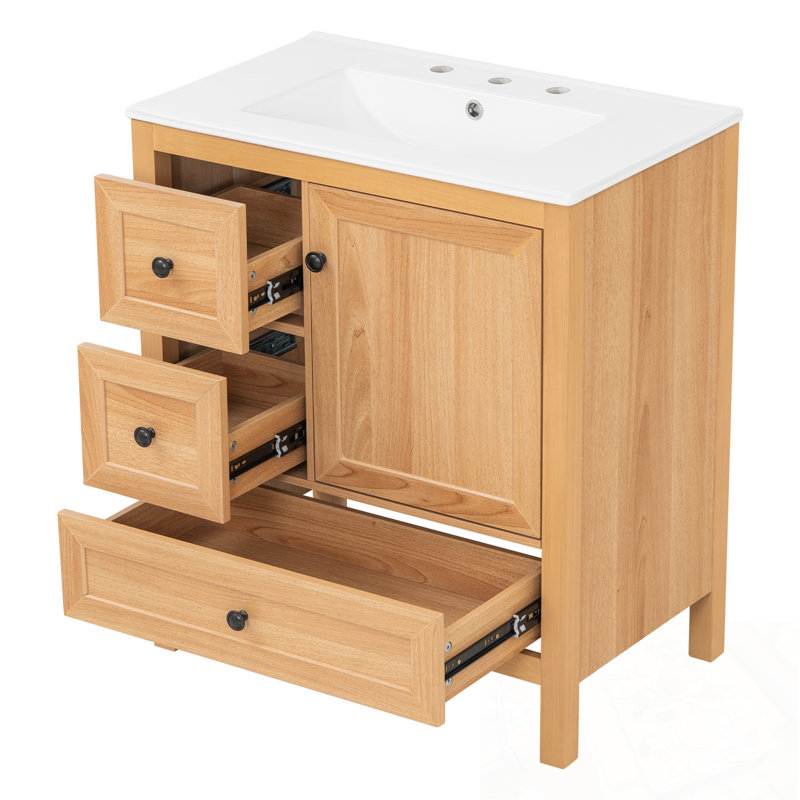 Meuble-lavabo de salle de bain avec lavabo en céramique, tablette réglable et tiroirs à fermeture en douceur