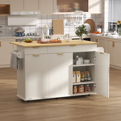 51" Rolling Kitchen Island Cart With Drop Leaf, Kitchen Island On Wheels With Trash Can Storage, Cabinets & Drawers, Spice Rack, Portable Kitchen Isla