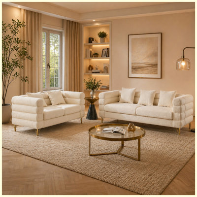 Modern Plush Cloud-Shaped Sofa Set with Metal Legs & Throw Pillows, Wavy Cloud Backrest Design