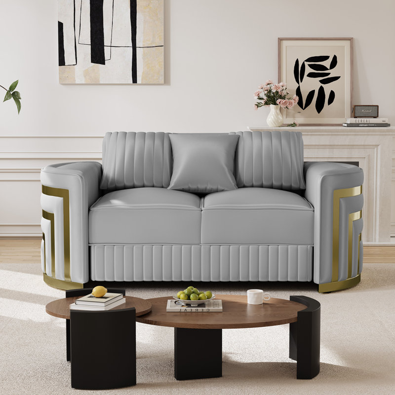 Canapé en velours 65 po avec accoudoirs décoratifs dorés en forme de croissant, Grey