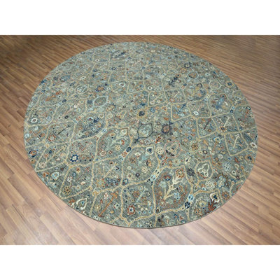 Tapis oriental rond en laine néo-zélandaise noué à la main 9 pi 10 po x 9 pi 10 po vert basilic Agra