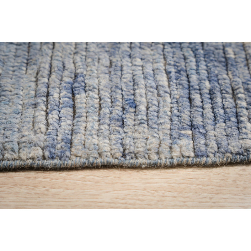 Blue Hand-Knotted Wool Faded Denim Texture Tribal Modern Contemporary Carpet Rug, 6' x 9'