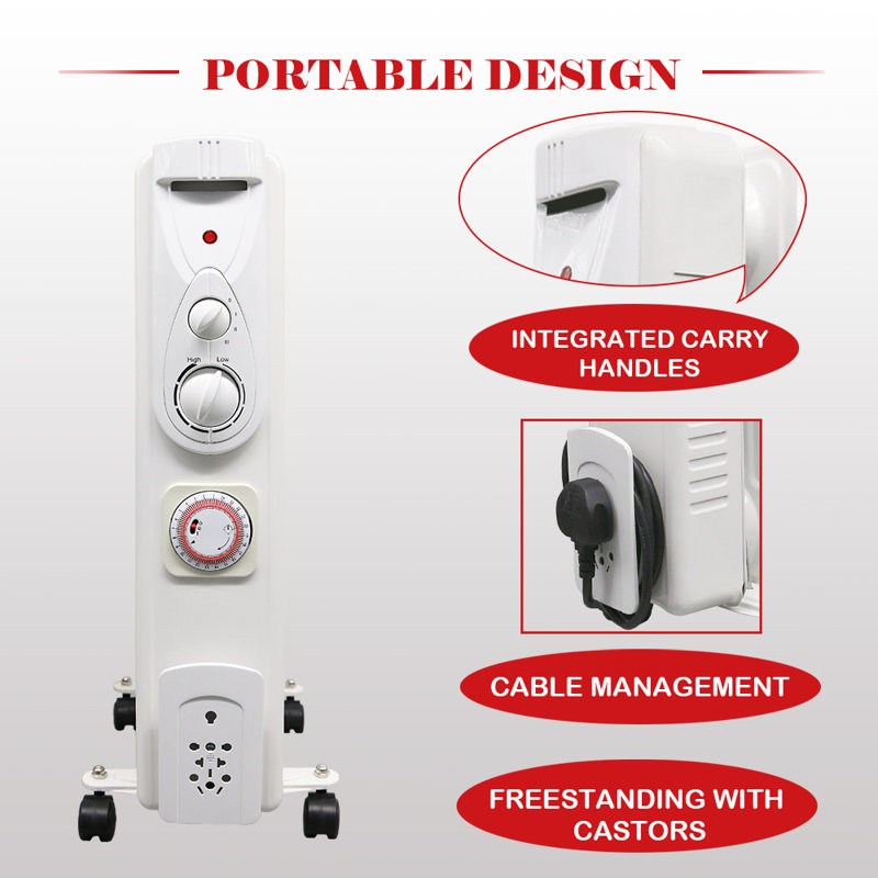 Kaius 9 Fin 2000w Oil Filled Radiator Portable Electric Heater  wtih Timer & Thermostat, White