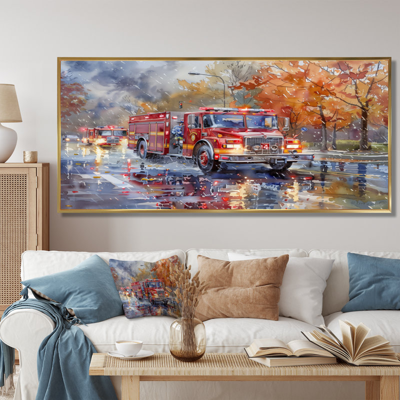 Camion de pompier rouge en automne, New York II, Toile avec cadre flottant or, H 28 po x l 60 po x P 1,5 po