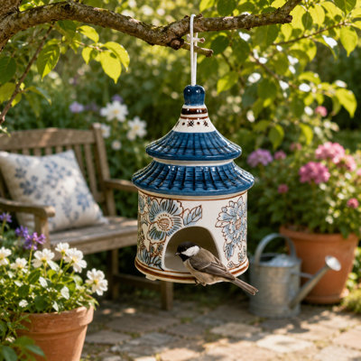 Chinoiserie Ceramic Pagoda Hanging House Bird Feeder For Garden Decor Accent - Modern Outdoor Bird House Patio Accent Yard Decoration For Tree Display