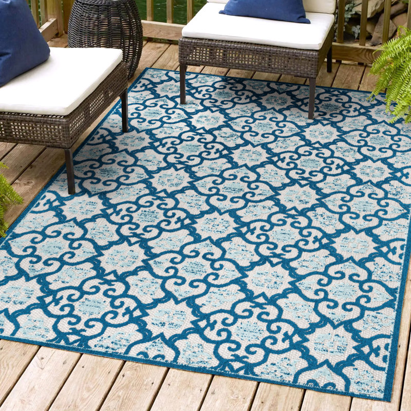 Vidar Tile Trellis High-Low Light Gray/Blue Indoor/Outdoor Rug, Rectangle 3' x 5'