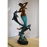 Irianna Abstract & Geometric Graceful Mermaid and Two Dolphins Bronze Statue 13" x 9" x 31"H