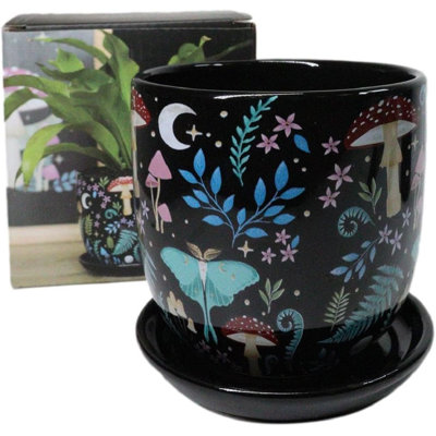 Wicca Witchcraft Magic Dark Forest Mushroom Ceramic Planter Pot With Saucer Set