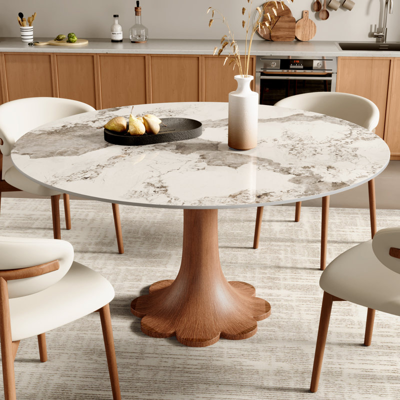 Mid-Century Modern Snow/Sand Sintered Stone Round Colyer Solid Wood Floral-Shaped Pedestal Walnut/Dark Walnut Tone (1 Table, 4/6/8 Chairs)