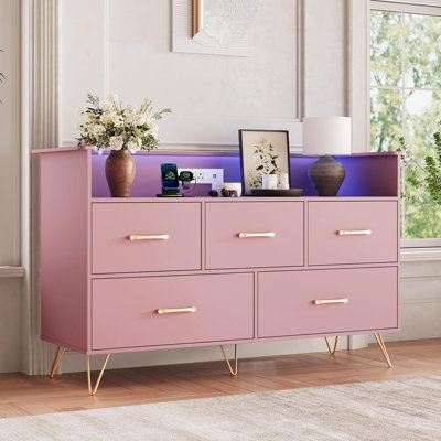 47" Modern Dresser with 5 Drawers & LED Lights, Bedroom Chest of Drawers with Charging Station, Storage Organizer for Closet or Entryway by George Oliver