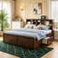 Lit plateforme très grand en bois avec tête de lit multi-rangements, charge USB et tiroirs au fini bois antique